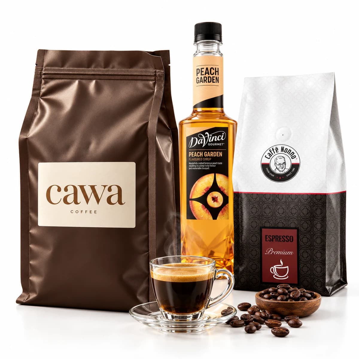 CAWA kahve paketi, DaVinci Gourmet şurup ve Caffe Nonno kahvesiyle hazırlanan ürün kompozisyonu